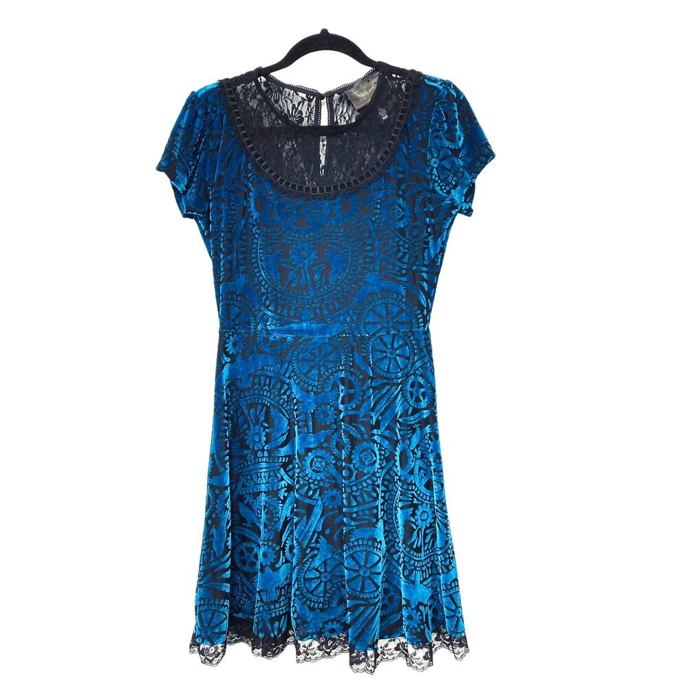 Miss Peregrines Peacock Blue & Black Soft Velvet & Lace lined Vintage Dress